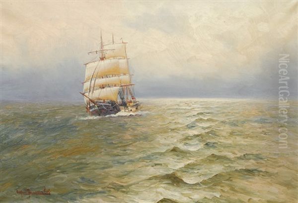 A Three-master In The Calm Sea Oil Painting by Alfred Serenius Jensen