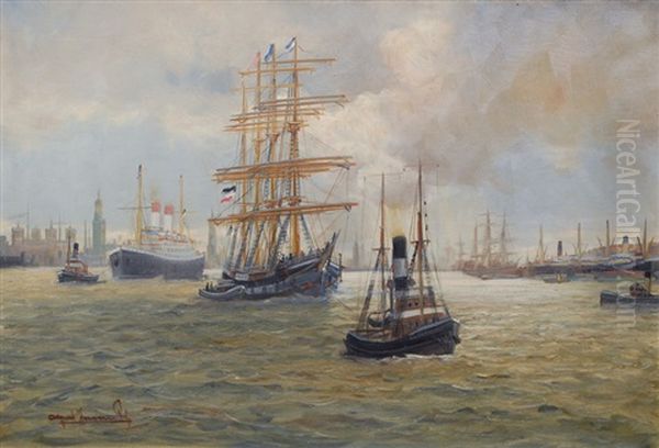 Hamburg Harbour Oil Painting by Alfred Serenius Jensen