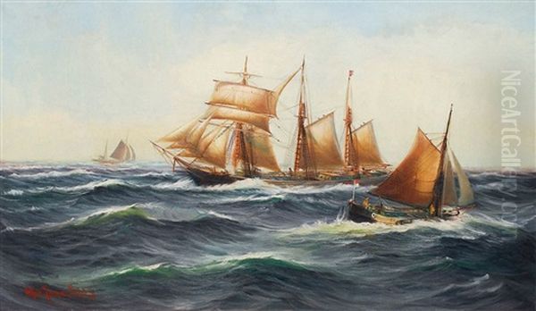 Danischer Bramsegelschoner Karen Und Hollandische Tjalk Vor Svenborg Oil Painting by Alfred Serenius Jensen