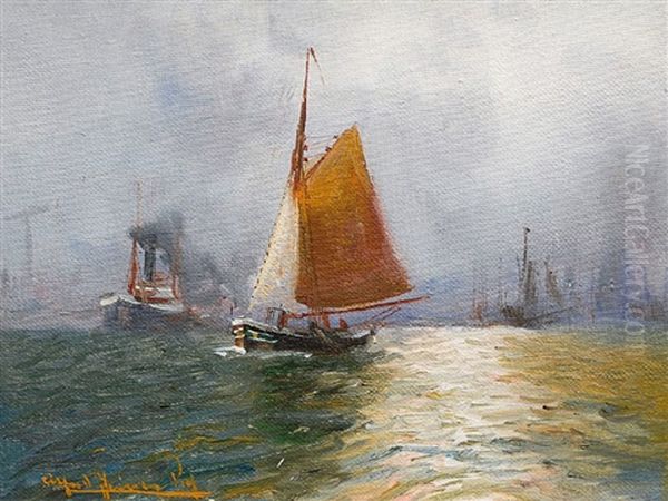 Kleiner Segler Vor Hafensilhouette Oil Painting by Alfred Serenius Jensen