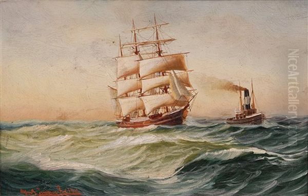 Teilbesegelte Dreimastbark Und Schlepper Oil Painting by Alfred Serenius Jensen