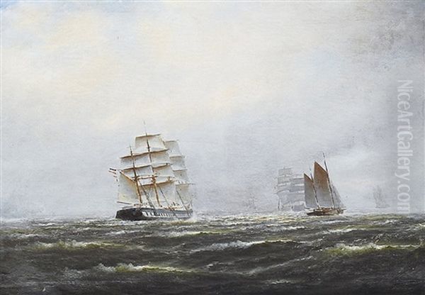 Marine Mit Fregatte Und Seglern Oil Painting by Alfred Serenius Jensen