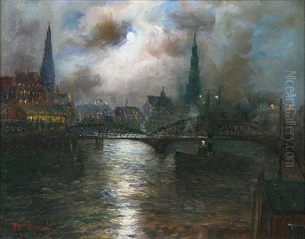 Bridge And Harbor In Moonlight Oil Painting by Alfred Serenius Jensen