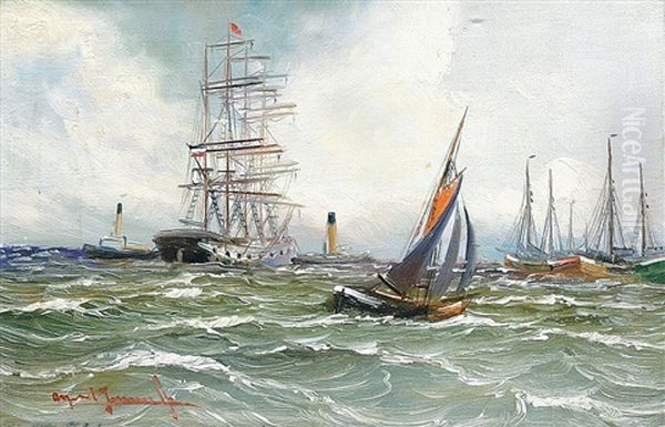 Viermastbark Auf Der Niederlbe Von Schleppern Gezogen Oil Painting by Alfred Serenius Jensen