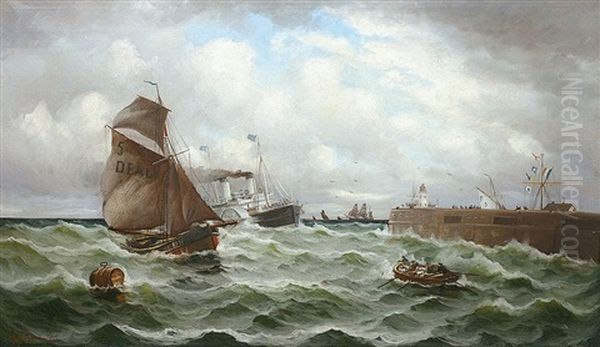 Raddampfer Bark Und Fischerboote Auf Unruhiger See Vor Der Kuste Oil Painting by Alfred Serenius Jensen