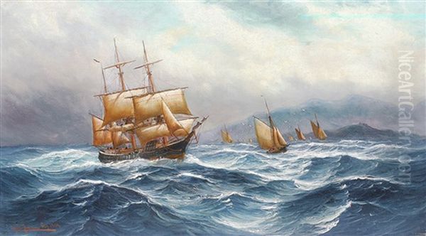 Bark Und Fischerboote Bei Aufkommendem Sturm Vor Der Kuste Oil Painting by Alfred Serenius Jensen