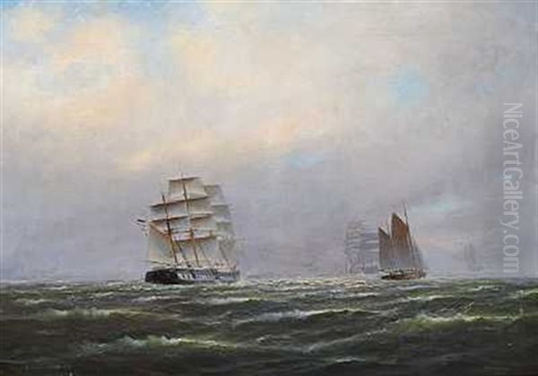 Marine Med Sejlskibe Ud For Montevideo Oil Painting by Alfred Serenius Jensen