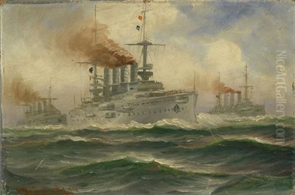 Marine Mit Kriegsschiffen Oil Painting by Alfred Serenius Jensen