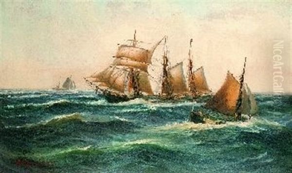 Dreimasttopsegelschoner "karen" Aus Svendborg Und Lotsenkutter Auf Bewegter See Oil Painting by Alfred Serenius Jensen