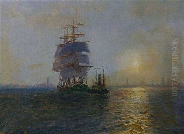 Segelschiff Mit Schlepper Vor Einer Hafenkulisse Oil Painting by Alfred Serenius Jensen