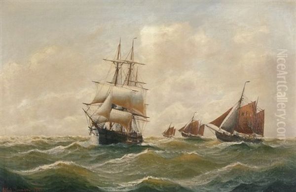 Vollschiff Und Drei Finkenwerder Kutter Oil Painting by Alfred Serenius Jensen