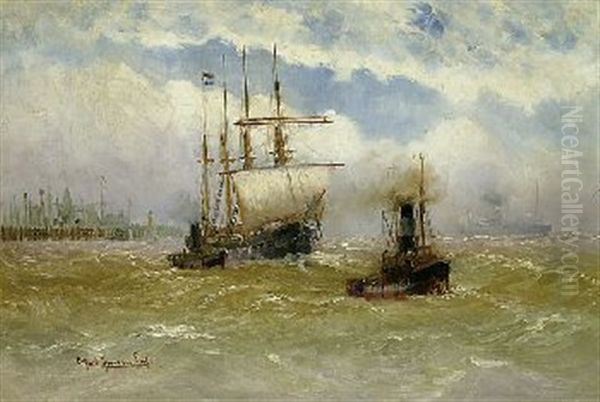 Viermastbark Mit Schlepper Vor Einer Hafenkulisse (cuxhaven?) Oil Painting by Alfred Serenius Jensen