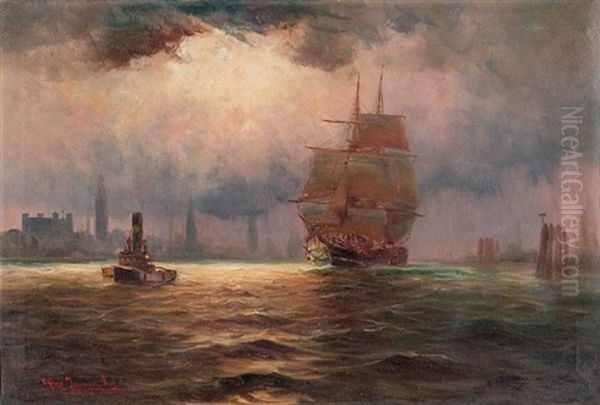 Auslaufendes Segelschiff Mit Lotsenboot Abends Im Hamburger Hafen Oil Painting by Alfred Serenius Jensen