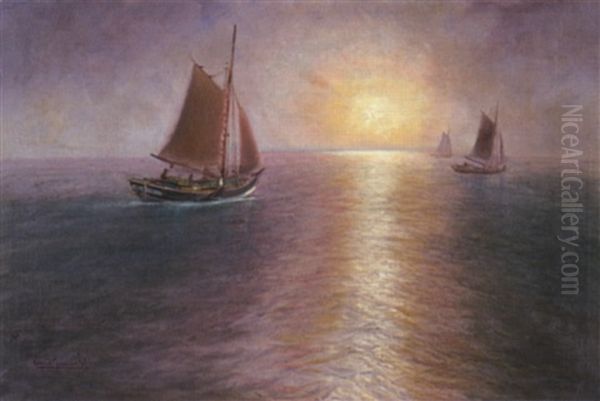 Drei Fischkutter Bei Abendstimmung Auf Hoher See Oil Painting by Alfred Serenius Jensen