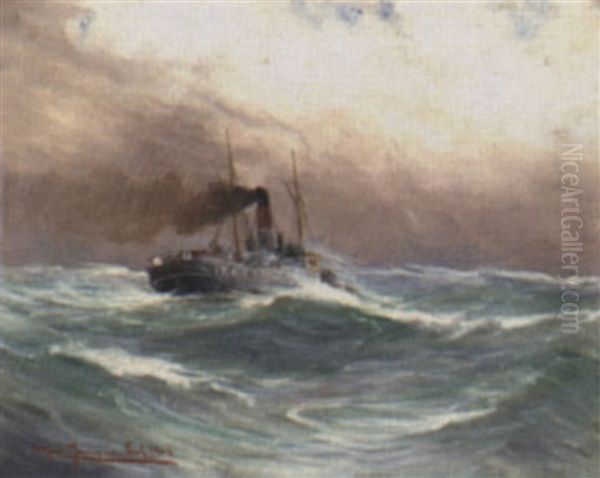 Dampfschlepper Auf Sturmischer See Oil Painting by Alfred Serenius Jensen