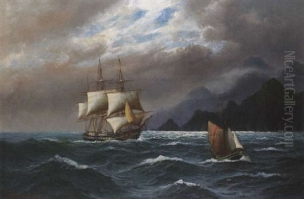 Vollschiff Mit Lotsenboot Vor Abendlicher Felsenkuste Oil Painting by Alfred Serenius Jensen