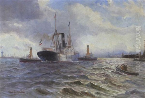 Dampfer Mit Lotsenbooten Bei Der Abendlichen Ausfahrt Aus Dem Hamburger Hafen Oil Painting by Alfred Serenius Jensen