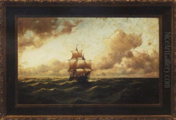 Three-masted Ship On The High Seas by Alfred Serenius Jensen