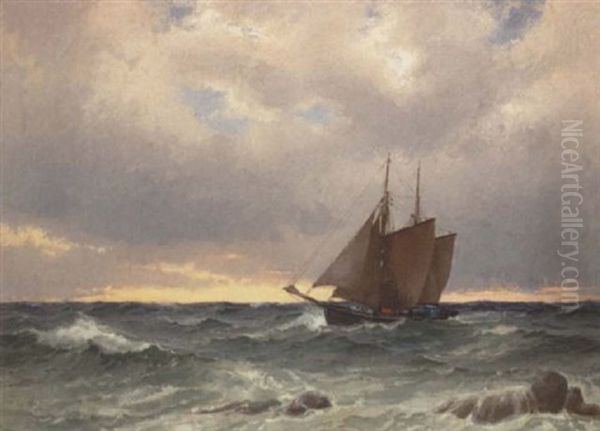 Fiskekutter Pa Havet Ved Solnedgangstide Oil Painting by Alfred Serenius Jensen