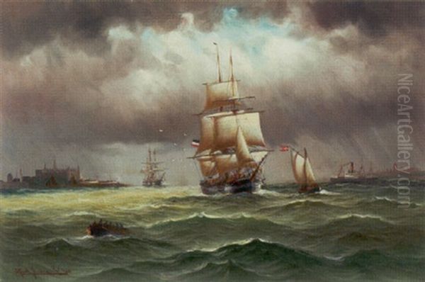 Sejlskibe Ud For Kronborg Oil Painting by Alfred Serenius Jensen