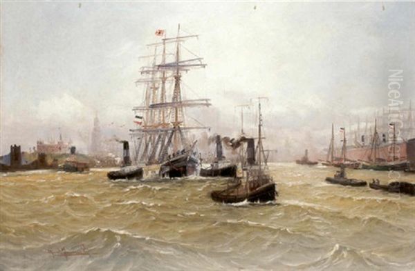 Hamburger Hafen Mit Dreimaster Und Segelbooten Oil Painting by Alfred Serenius Jensen