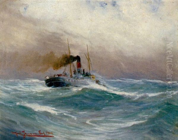 Dampfschlepper Auf Hoher See Oil Painting by Alfred Serenius Jensen