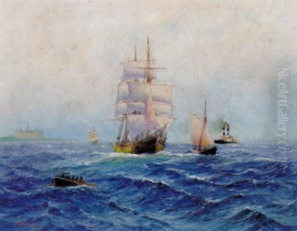 Sejlskibe Og Damper I Sundet Ud For Kronborg Oil Painting by Alfred Serenius Jensen