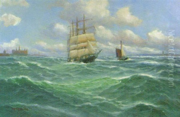 Segelfartyg I Upprord Sjo Vid Helsingborg-helsingor Oil Painting by Alfred Serenius Jensen