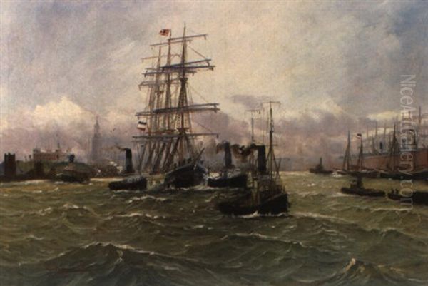 Hamburger Hafen Mit Dreimaster Und Segelbooten Oil Painting by Alfred Serenius Jensen