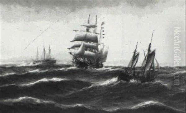 Sailing Vessels Out In Choppy Seas Oil Painting by Alfred Serenius Jensen