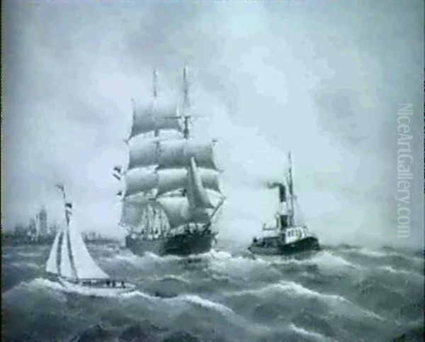 Sejlskibe Jog Slaebebad Ud For Havneindesejling Oil Painting by Alfred Serenius Jensen