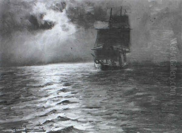 Segelschiff Auf See Bei Mondschein Oil Painting by Alfred Serenius Jensen