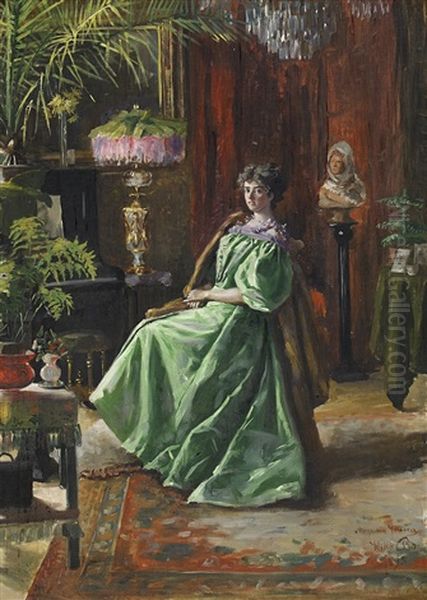 Elegant Kvinna I Salongsinterior Oil Painting by Augusta Jensen