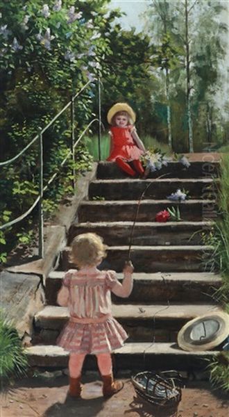 Two Small Girls Playing On A Stairway Oil Painting by Augusta Jensen