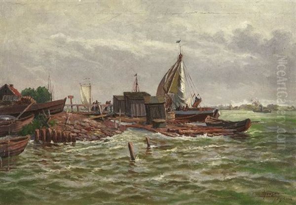 Segelboote Am Kai Eines Fischerdorfes Bei Aufziehendem Regen Oil Painting by Augusta Jensen