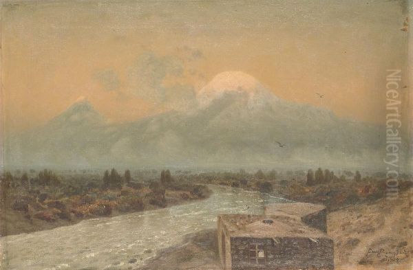 View Of Great Ararat And Little Ararat From The River Araks Oil Painting by Georgii Bashindzhagian