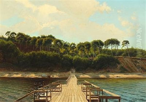 A Jetty With A Forrest In The Background Oil Painting by Carl Milton Jensen