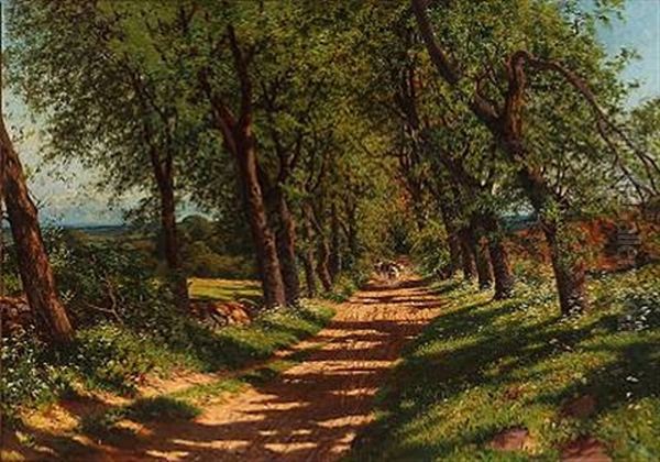 Summer Day With A Shepherd And Cows On A Country Road Oil Painting by Carl Milton Jensen