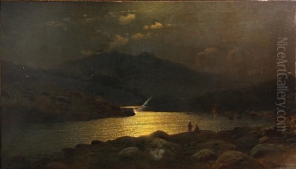 A Moonlit Lake Surrounded By Mountains With Two Figures In The Foreground Oil Painting by Georgy Z. Bashinzhagyan