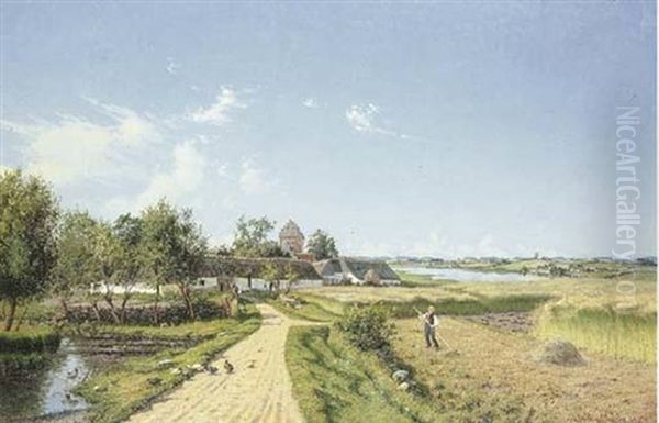 Danish Summer Landscape With A Dutch Gabled House Oil Painting by Carl Milton Jensen