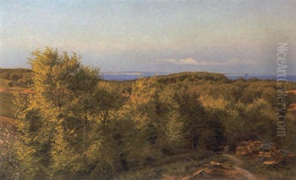 Kuperet Sommerlandskab Med Udsigt Mod Skov Og Hav Oil Painting by Carl Milton Jensen