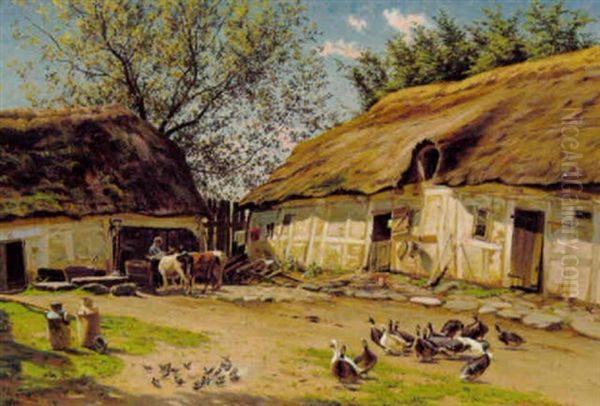 Gardsplads Med Lille Dreng, Der Vander Koerne Oil Painting by Carl Milton Jensen