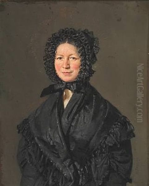 Portrait Of Mrs Henneberg In A Black Coat, Black Shawl And Bonnet Oil Painting by Christian Albrecht Jensen