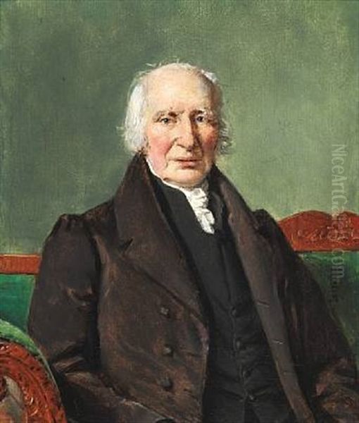 Portrait Of Locksmith Peter Johann Timm (d. 1835) Seated In A Green Sofa, Wearing An Open Coat Oil Painting by Christian Albrecht Jensen