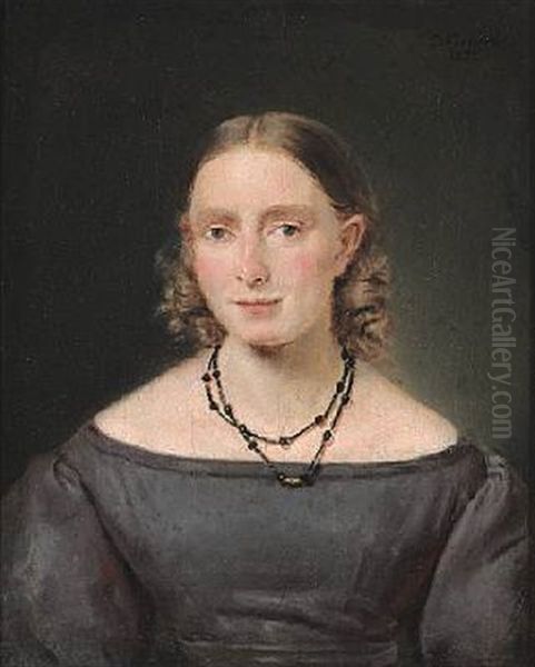 Portrait Of A Young Woman. Portrait Of Mrs. Scheel? Young Woman With Ash-blond Hair And Corkscrew Curls. Low-necked Blue-violet Dress. Necklace Made Of Small Pit Coal Pearls Oil Painting by Christian Albrecht Jensen