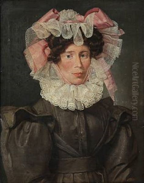 Portrait Of Anne Cathrine Mariager, Nee Schultz, With A Big White Tulle Bonnet On Her Head, A Collar Around Her Neck And A Greyish Brown Dress Oil Painting by Christian Albrecht Jensen