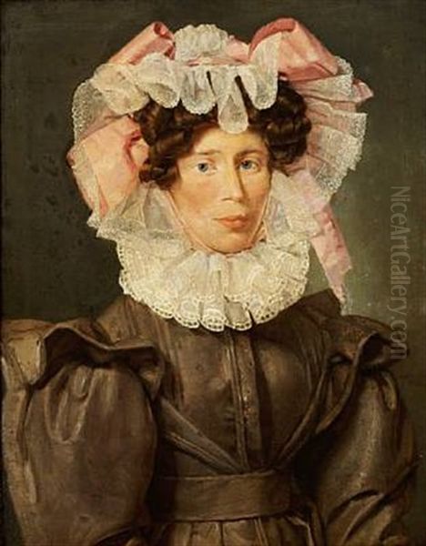 Portrait Of Anne Cathrine Mariager, Nee Schultz, (1800-1829), With A Big White Tulle Bonnet On Her Head, A Collar Around Her Neck And A Greyish Brown Dress Oil Painting by Christian Albrecht Jensen