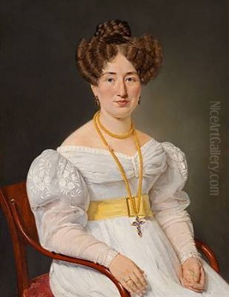 Portrait Of Christiane Gram In An Evening Dress With A Yellow Taffeta Belt Oil Painting by Christian Albrecht Jensen