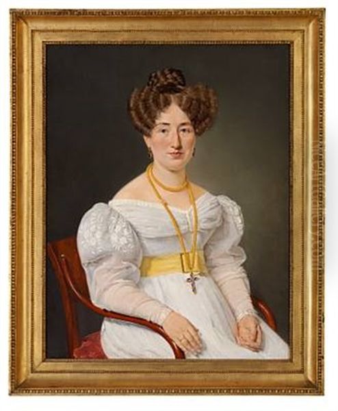 Portrait Of Christiane Gram In An Evening Dress With A Yellow Taffeta Belt by Christian Albrecht Jensen