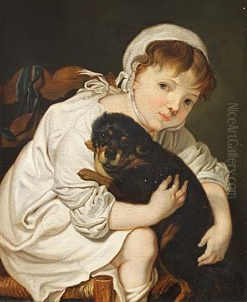 En Liden Pige Legende Med En Hund (after C.a. Lorentzen Who Copied J.b. Greuze) Oil Painting by Christian Albrecht Jensen